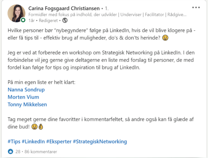Eksempel på win på LinkedIn